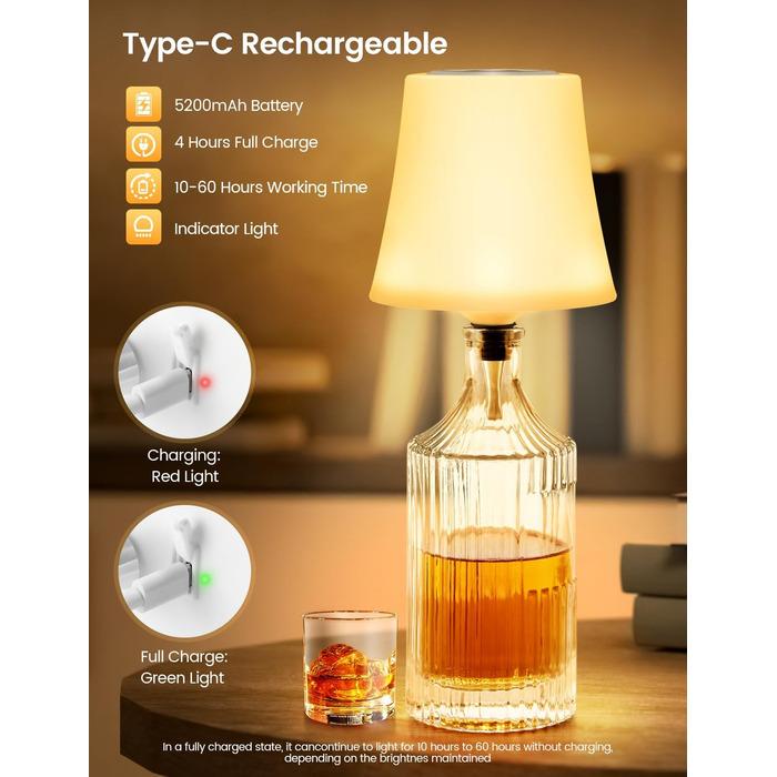 Світлодіодні настільні лампи бездротові 2 шт, IP54, акумуляторні пляшкові лампи, 7 режимів, димування, 5200mAh, сенсорне управління, для ресторанів, спальні (Білий)