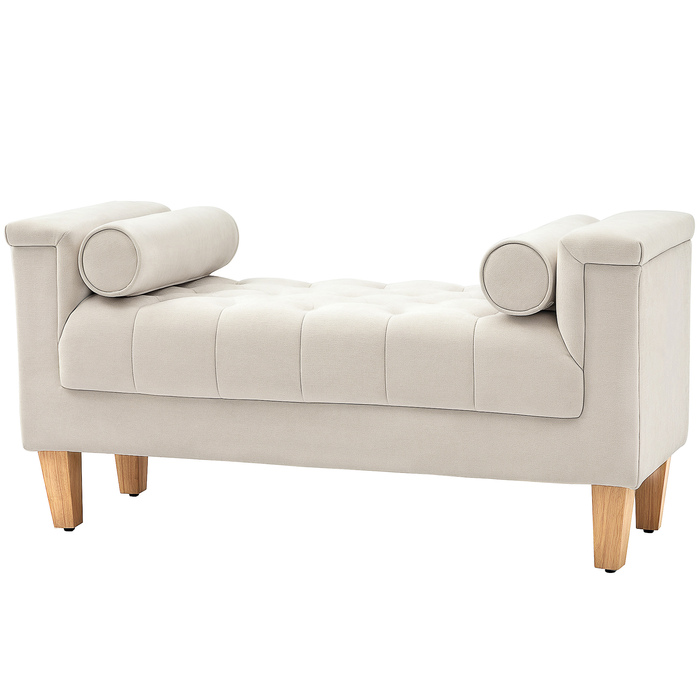 HOMCOM Bench with Chenille Upholstery, Armrest Bed Bench with 2 Cylinder Cushions, Wooden Frame, Shoe Bench for Bedroom, Living Room, Entryway 115 x 44 x 58 cm Beige | Aosom