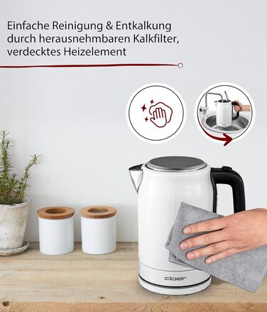 Електричний чайник Cloer 4511 з нержавіючої сталі, 2200 Вт, білий, 1.7 л, з індикатором рівня води та захистом від сухого кипіння та перегріву