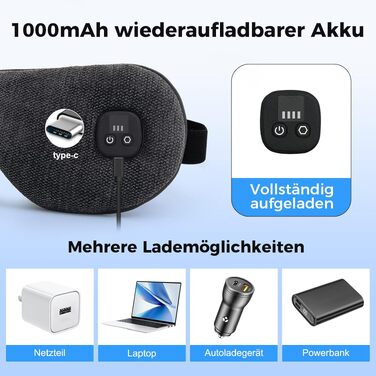 Гріюча маска для очей з акумулятором 1000mAh, бездротова, 4 рівні нагріву, чорна. Подарунок для друзів та сім'ї