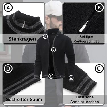 Чоловіча в'язана жилетка з кишенями, стійким коміром, флісовою підкладкою, кардиган, повсякденний зимовий одяг, в'язана куртка з блискавкою, теплий зимовий верхній одяг, чорний, L