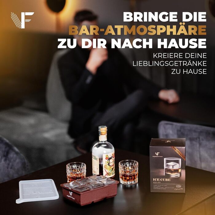 Neighbour's Friend Ice Cube Molds 2-Pack - XXL Ice Cubes for Whiskey, Rum & Cocktails - 12x Large Ice Cubes - Durable Platinum Silicone Ice Cube Mold Dishwasher Safe