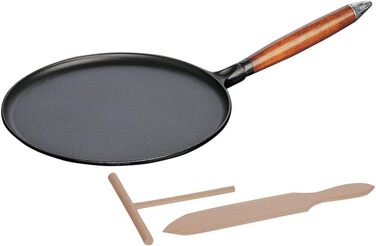 STAUB Crepe Pan made of cast iron, with wooden handle, round 28 cm, with matte black enamel coating inside the pan, suitable for all stovetops including induction, black