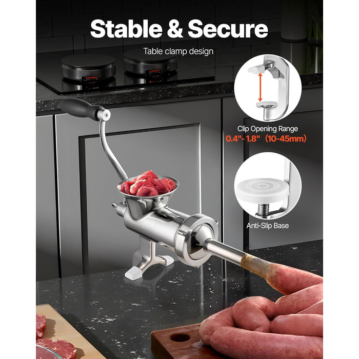 М'ясорубка ручна VEVOR з нержавіючої сталі, з присоскою та насадками для ковбас (38 см)