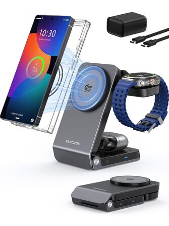 Магнітна бездротова зарядка Samsung з активним охолодженням 3-в-1 для Galaxy S26 Ultra, Watch 8 та Buds 4. Складана Qi зарядка для Android сірого кольору