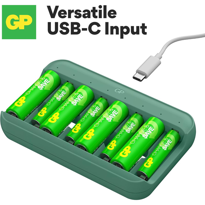 Зарядний пристрій для акумуляторів GP Charge&Save AA AAA з USB-C, 4 слоти, швидка зарядка, LED-індикатор, компактний дизайн