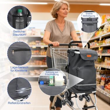 Тролей для покупок Sekey XXL з підйомником для сходин, 3-колісний вагончик для кемпінгу та покупок, регульована ручка, алюміній 3-в-1, з відділенням для охолодження та напоїв (сірий)