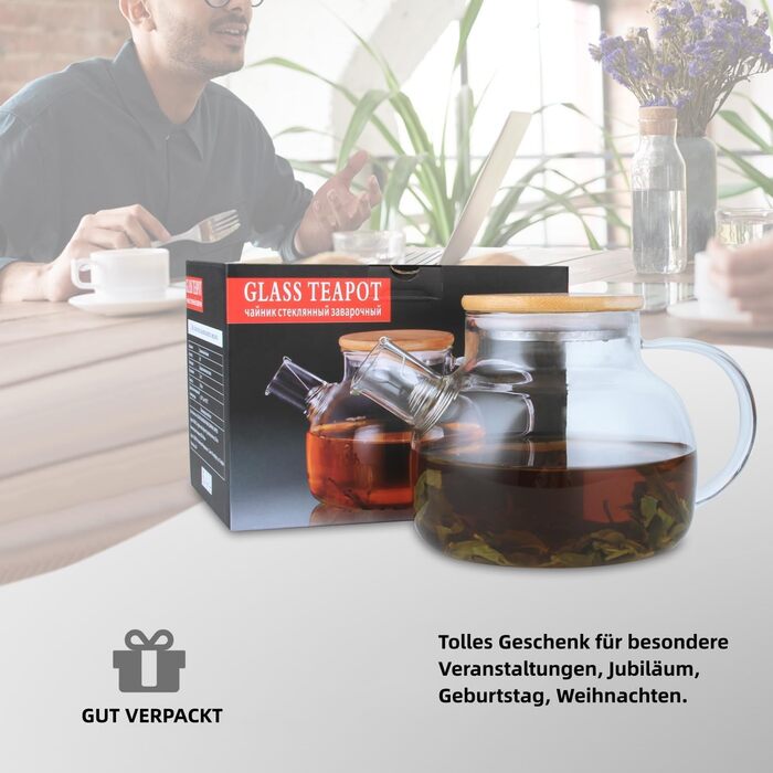 Скляна чайник CnGlass з ситечком 900мл, для листового чаю та квіткового заварювання, стійкий до плити