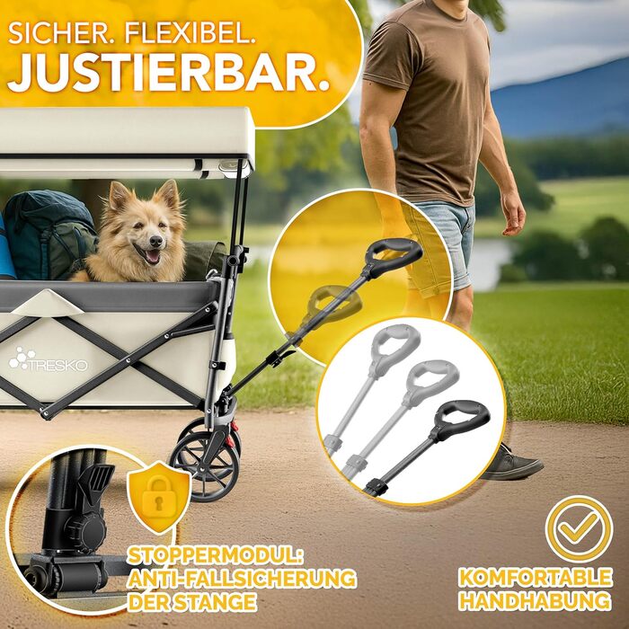 TRESKO® Розкладний вагончик з дахом, кишеньою-холодильником та бічними ролетами | Вагончик для перевезення вантажів до 150 кг | З повного гумового покриття коліс та гальмами (передні та задні) та 3-точковим ременем безпеки (Зелений) (Бежевий)