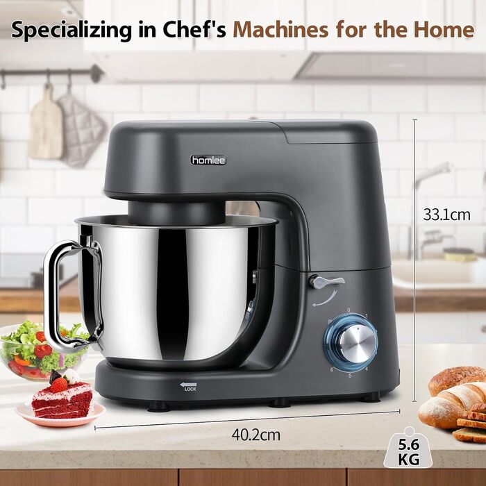 Кухонна машина-міксер 1800W з чашею 7.2L з нержавіючої сталі, 6 швидкостей, низький шум, мультифункціональна (сірий)