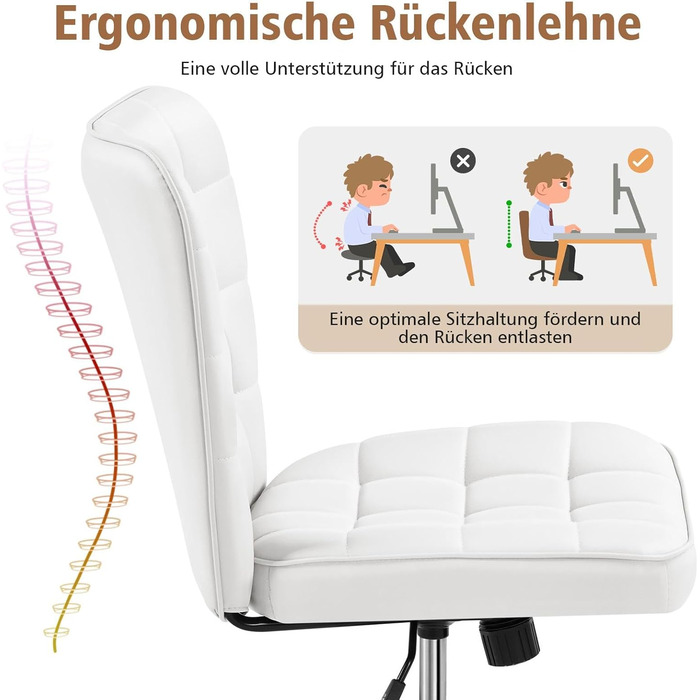 Крісло для дому та офісу Yaheetech, обертове, регульоване по висоті, без підлокітників, на колесах, з штучної шкіри (білий)