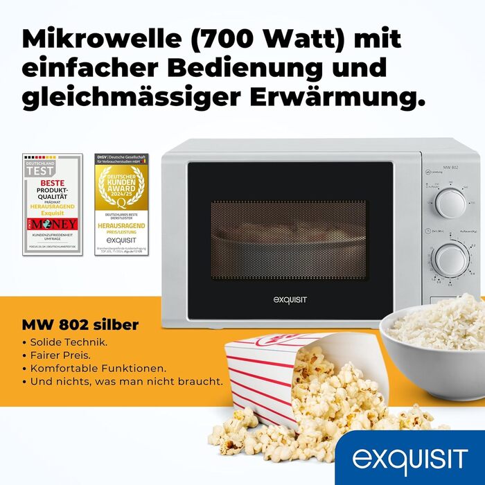 Мікрохвильова піч Exquisit MW 802 срібна 20L, 700W, 5 рівнів потужності, таймер, функція розморожування