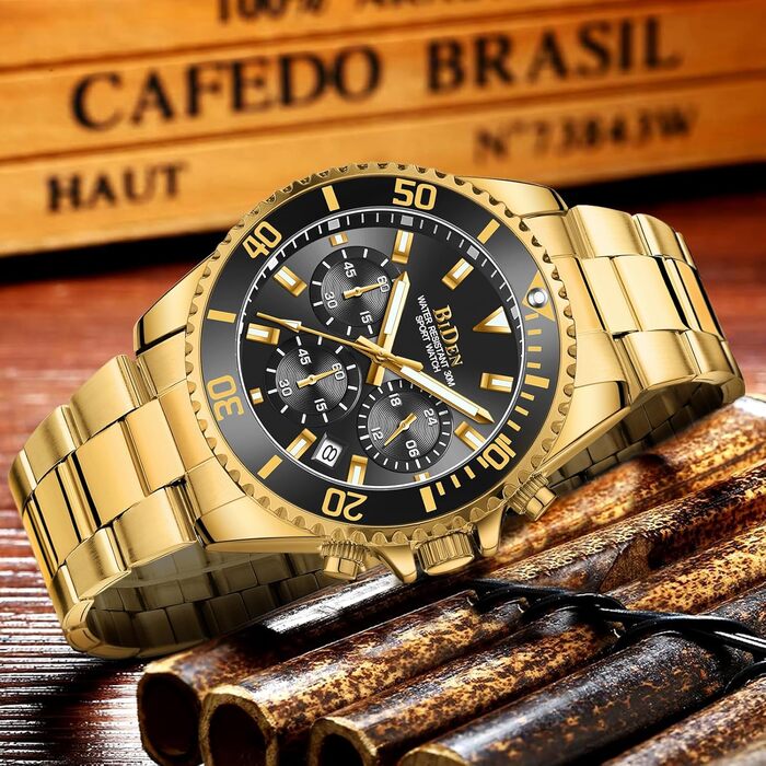 Годинник чоловічий Biden BIDEN-0163, аналоговий, кварцовий, з браслетом з нержавіючої сталі (Золотий, Чорний)