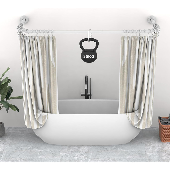 Штанга для душу U/L форми, 75x(150-190)x75 см - 2 в 1 (душова завіса, ванна, кут) - без кріплення до стелі, 24 кільця з нержавіючої сталі (біла)