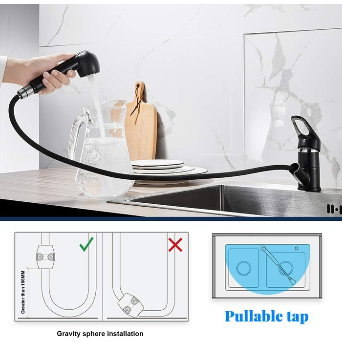 Висувна кухонна змішувач BONADE з двома виходами для води, поворотна на 360°, чорний