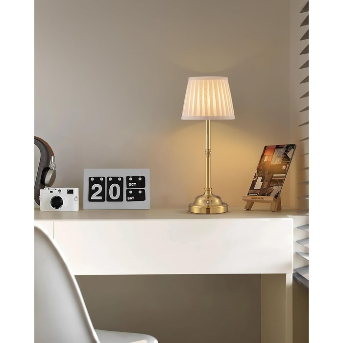 Світлодіодна настільна лампа бездротова, димована вінтажна нічна лампа, ретро акумуляторна лампа 4000mAh, для дому, бару, вітальні (Золото + Бежевий абажур)