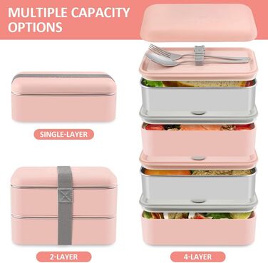 HOLIPOT Ланчбокс Bento Box з роздільниками, 2 рівні, з нержавіючої сталі та PP, з виделкою-ложкою, сумка, для дітей та дорослих (Рожевий)