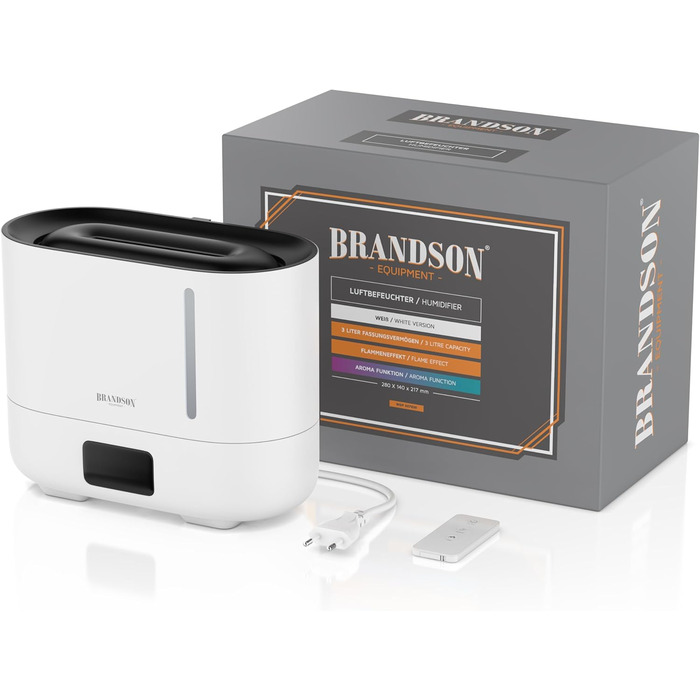 Зволожувач повітря Brandson з ефектом полум'я, керуванням від пульта, тихий, ультразвуковий, 4 режими туману, резервуар 3 літри, відсік для аромамасел, LED-підсвітка, для офісу, вітальні, спальні