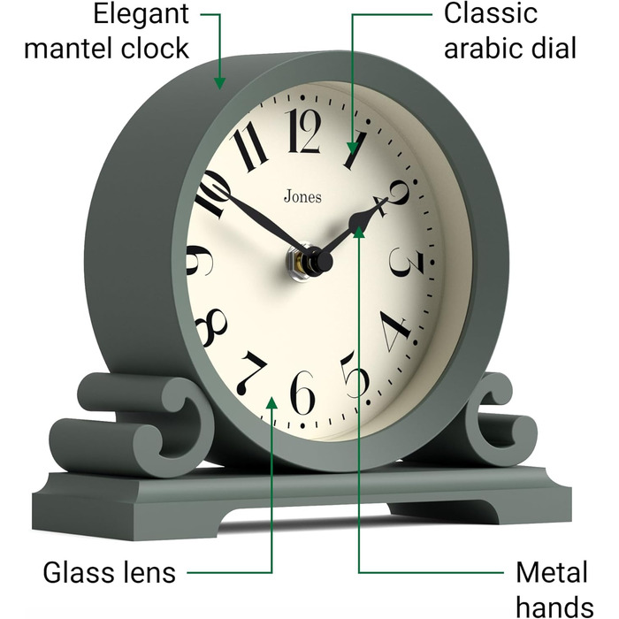 JONES CLOCKS® Saloon Table Clock | Traditional Double Scroll Design | Green | Contemporary classic style for desk, table, shelf, or bedside table