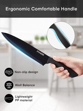 FOHERE 13-Piece Stainless Steel Knife Set with Block & Sharpener - Ergonomic Black Granite Handles
