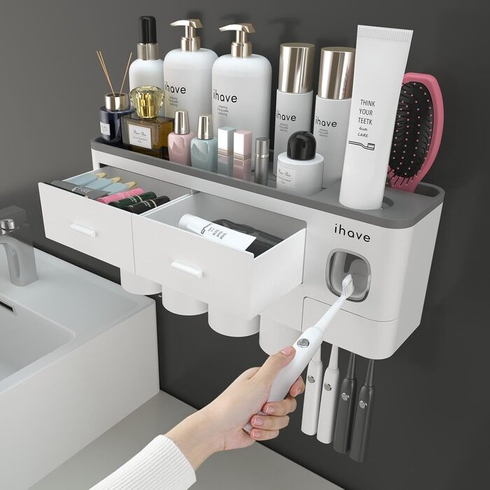 iHave Toothbrush Holder Wall Mounted, 4 Cup Toothbrush Holder with Toothpaste Dispenser - Tray with Large Capacity, 2 Cosmetic Drawers - Bathroom Organizer Storage, White