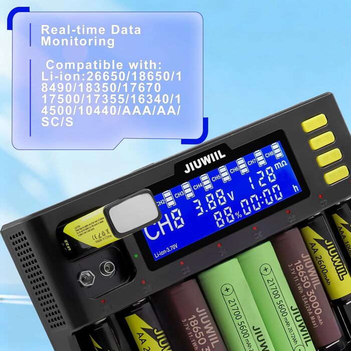 Зарядний пристрій JIUWIIL для акумуляторів 18650, Li-Ion/LiFePO4 (8+2 слоти) з LCD-дисплеєм – швидка зарядка 26650, 17500, 16340, 14500, 10440, 9V