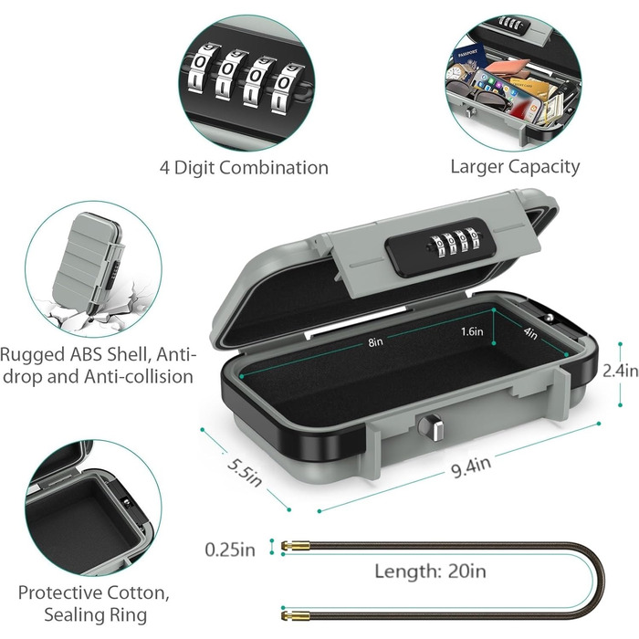 Сейф ORIA портативний з кодовим замком, водонепроникний, для відпочинку, подорожей, офісу (сірий)