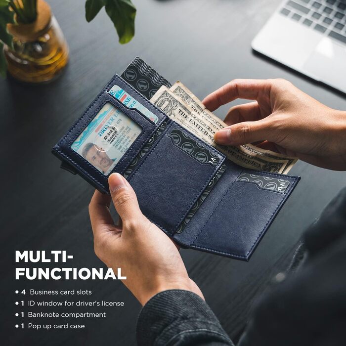 Чоловіче шкіряне картхолдер VULKIT з RFID-блокуванням, відділенням для грошей та візитки, Navy Blue