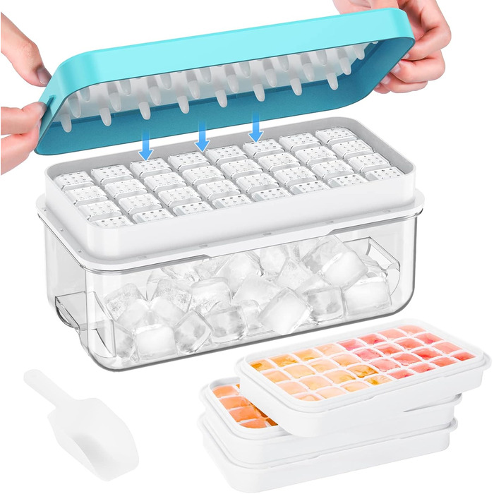 Ice cube mold, ice cube container, 96 ice cubes, ice cube mold with lid, with 3 trays, easy push to release ice, leak-proof, cooling for cocktails, whisky, coffee, blue