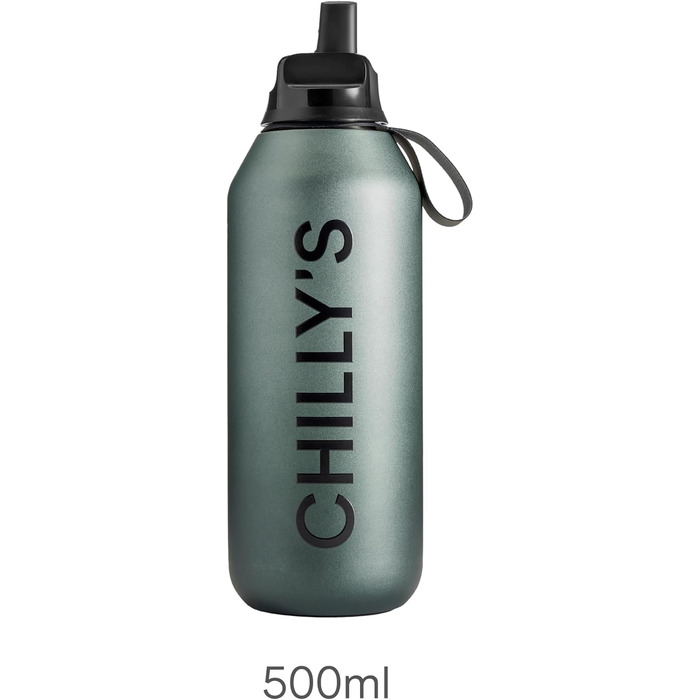 Chilly's Series 2 Flip Bottle - Thermos flask with sports cap, telescopic straw and nylon carry loop - stainless steel bottle with Easy Flip opening, straw cleaning brush included (Ombre - Slate, 500 ml)