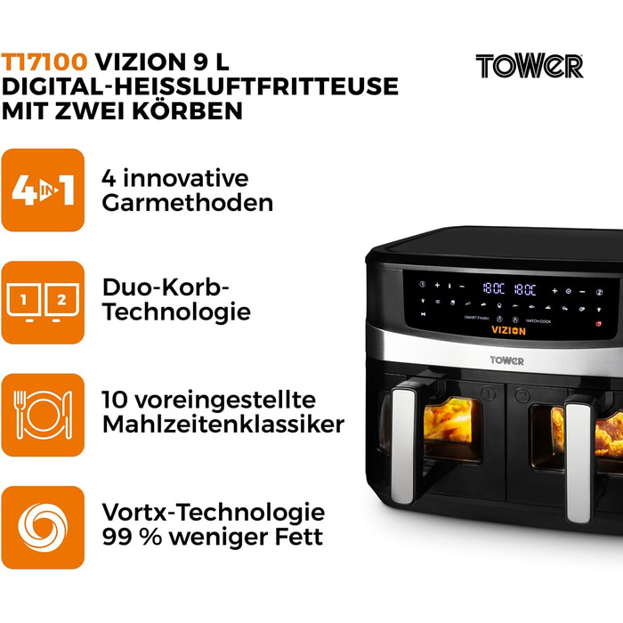 Фритюрниця Tower T17100 Vortx Vizion 9 л з двома кошиками, цифровим управлінням і 10 автоматичними програмами, чорна, аерофритюрниця з подвійним кошиком