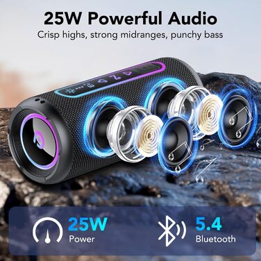 Bluetooth колонка з підсвіткою 25W, Bluetooth 5.4, Dual Bass, 24 год, IPX7 водонепроникна, портативна колонка для вечірок, подорожей, AUX/TF, Чорна