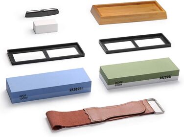 Набір алмазних точильних каменів Razorri для заточування та полірування ножів (400/1000, 3000/8000) з підпірками, направляючим та шкіряним ременем