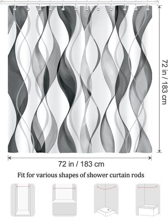 Шторка для душу Bonhause 180x180 см водонепроникна, антигрибкова, смугаста, поліестер, для ванної кімнати (1 шт., сіра)