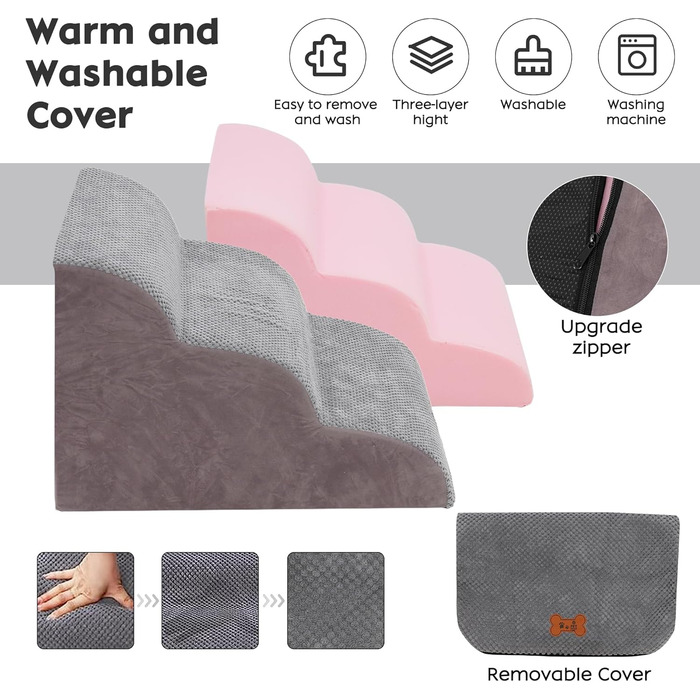 Сходинки для собак маленьких порід, 3 сходинки, 40 см, знімна та миюча, з м'якого пінополіуретану, антиковзкі, для котів та собак, для ліжка/дивану/автомобіля