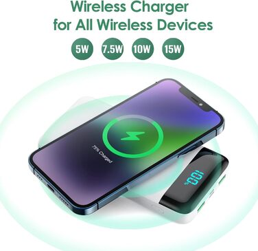 Бездротовий Power Bank 26800mAh 25W PD 3.0 + QC 4.0, зовнішній акумулятор з LCD-дисплеєм та підтримкою швидкої зарядки 15W, 4 USB виходи для iPhone, Samsung, Huawei, Oppo — Білий, Слім