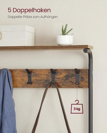 VASAGLE Coat Rack, Clothes Rack, Shoe Shelf, Wardrobe with 5 Double Hooks, 5 Shelves, One Top Shelf, for Apartments, Bedrooms, Hallways, Industrial Design, Vintage Brown-Black HSR408B01 (31.5 x 68 x 183.5 cm)