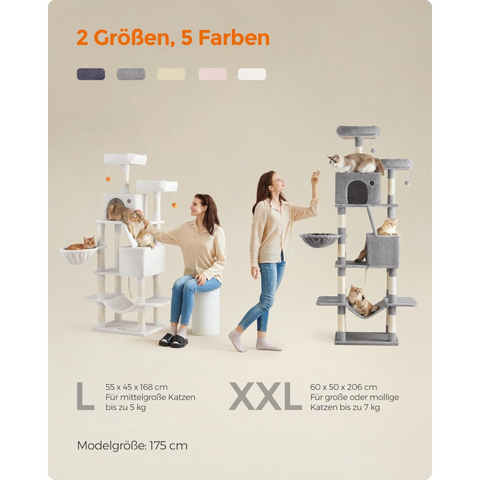 Драбина для котів Feandrea, 206 см, XXL, з 13 стовпчиками для дряпання, 2 платформами, 2 хованками, кошиком, помпонами, багатоярусна, кремово-біла, для дому (60 x 50 x 206 см)