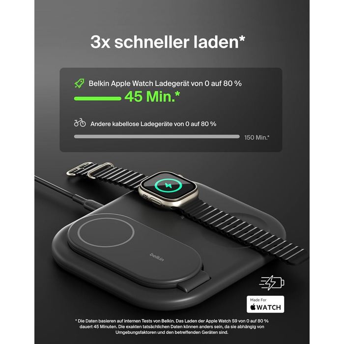 Зарядний пристрій Belkin BoostCharge 3-в-1 з підтримкою MagSafe Qi2, 15 Вт, складаний підставка для iPhone, Apple Watch, AirPods, з адаптером живлення – Чорний