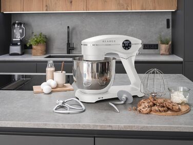 KLAMER 1800W Stand Mixer - Stainless Steel Bowl 6L, 10 Speed Settings, Timer, Planetary Mixing, Dough Hook, Whisk & Beater - White