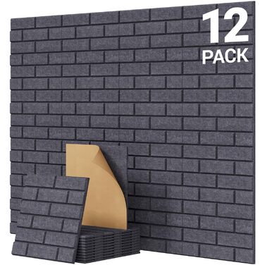 Акустичні панелі TONOR під цеглу самоклеючі, 12 шт (30x30x0.9 см), звукопоглинаючі панелі для шумоізоляції та декору стін, темно-сірі
