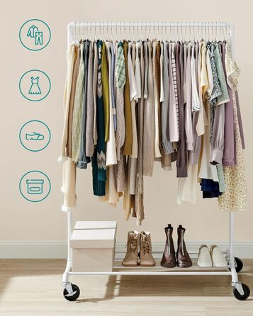 SONGMICS Clothes Rack, Garment Rod, with Wheels, Load Capacity up to 90 kg, Coat Rack with 1 Garment Rod and Shelf, Industrial Design, for Bedroom, Laundry Room, HSR61BK (White)
