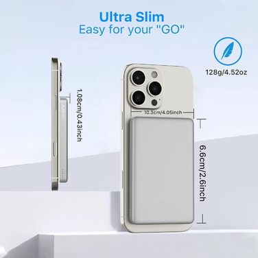 Power Bank JUOVI Магнітний Бездротовий 5000mAh 20W PD, Білий. Сумісний з MagSafe, iPhone 16/15, iWatch, AirPods.