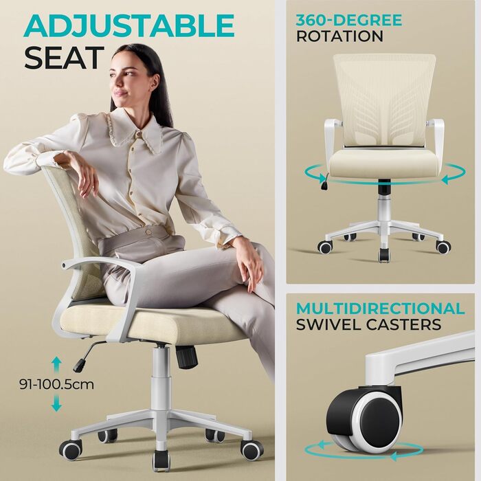 Офісне крісло Yaheetech ергономічне з регулюванням висоти, поворотне, з м'яким сидінням, для офісу/кабінету, бежеве