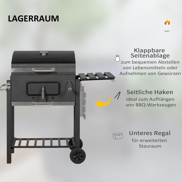 Grillwagen Outsunny на вугіллі, гриль-стіл, гриль з нержавіючої сталі, чорний, 113x65x108 см для саду та тераси