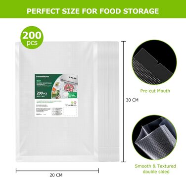 Bonsenkitchen Vacuum Bags 200 Bags 20x30 cm, Professional Foil Bags for all Vacuum Sealers, Vacuum Bags for Food, Sous Vide Freezer Bags, Seal Bags, BPA-free, VB3208