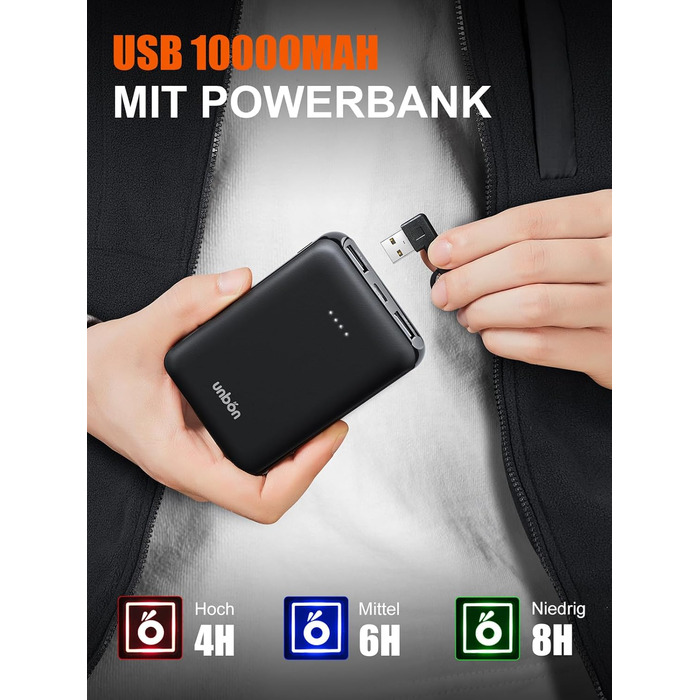 UNBON Грівальна жилетка для чоловіків, флісова жилетка з підігрівом, Powerbank 10000mAh, USB, 3 режими нагріву, 6 зон нагріву, чорний