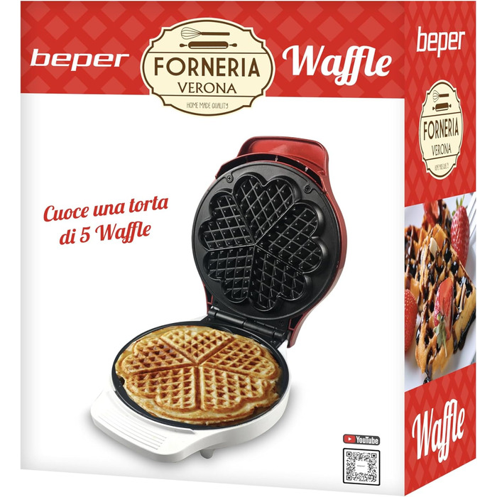 Вафельниця Beper, 5 вафель одночасно, антипригарне покриття 18 см, 800-100 Вт, червоний / білий колір