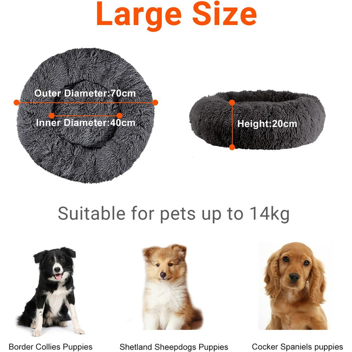 fireowl Donut Dog Bed Large Fluffy: 70cm Soothing Puppy Bed Anti-Anxiety Cat Bed - Plush Pet Bed Round Cozy Washable Gray