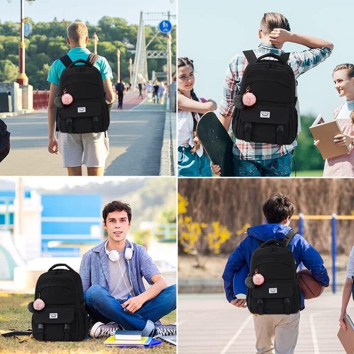 Шкільний рюкзак для підлітків: водонепроникний, з відділенням для ноутбука 15.6 дюймів, легкий, чорний